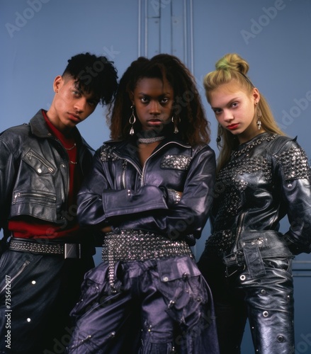 Three young people in leather outfits posing for a photo. Generative AI. © serg3d