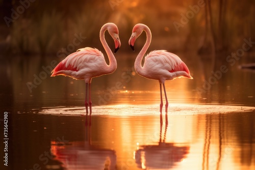 Two flamingos standing in water at sunset. Generative AI.