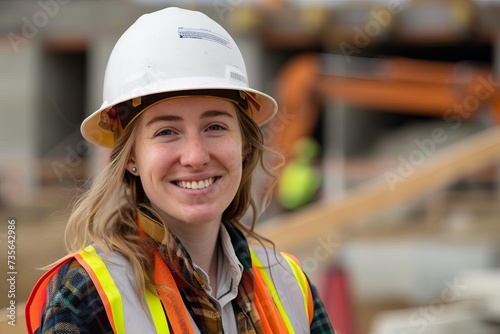 Portrait of a smiling female engineer on a construction site Confidently wearing a hard hat and high-visibility vest Showcasing the empowerment and professionalism in the field