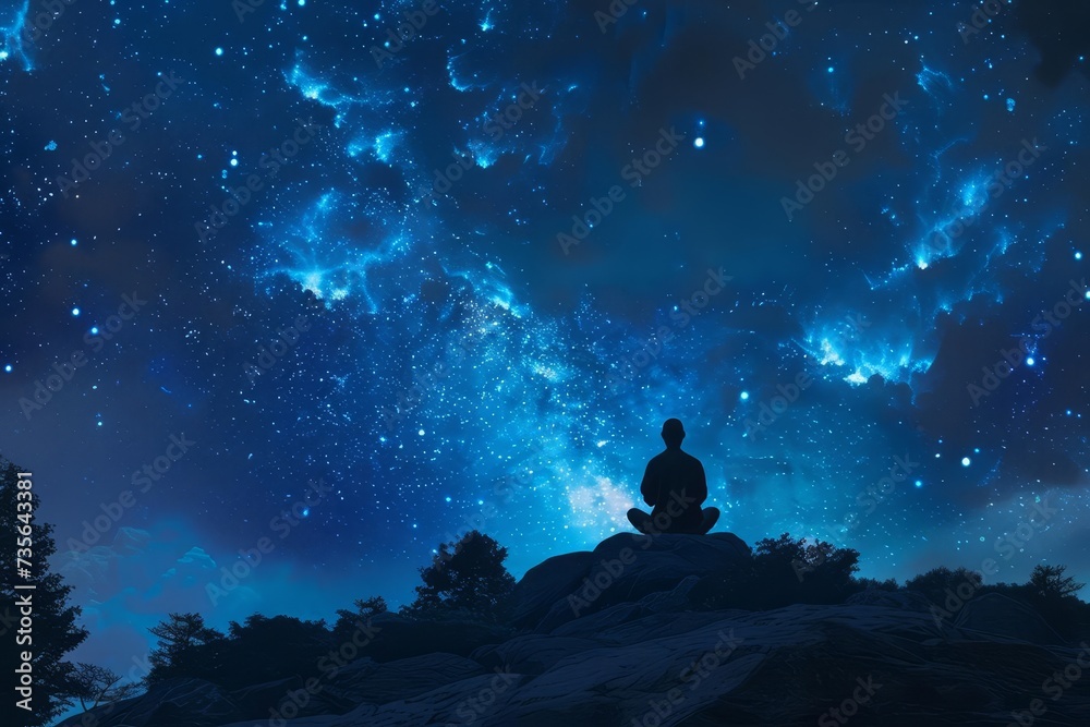 Starry night sky with nebulae A person in lotus position meditating Energy fields connecting with cosmic intelligence