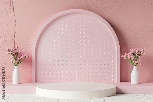 Stand podium wall scene set against a pastel color background Geometric shapes creating a minimal and stylish space for product display and promotional presentations © Bijac