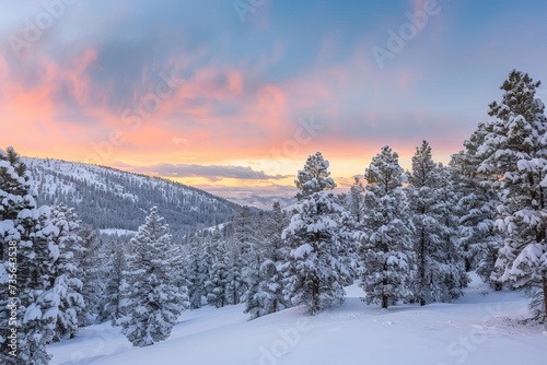 Winter landscape wallpaper featuring a pine forest blanketed in snow With the sky aglow during a scenic sunset Creating a picturesque and serene winter wonderland