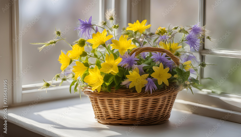  yellow and purple Bellflower flowers in wicker basket near window.