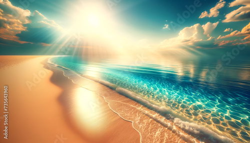 Calm seaside solitude: A vast, empty beachfront with crystal-clear waters reflecting the bright sun.
Generative AI. photo