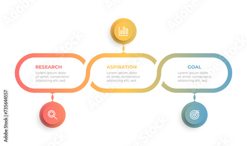 Colorful flow diagram with 3 step or options. Timeline elements with circle and marketing icons. Vector illustration.