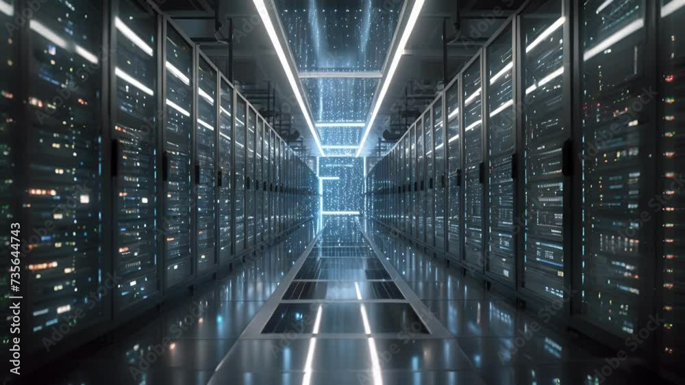 An indepth view of a server room within a manufacturing facility with rows of cloud storage and computing servers visible and connected through a network of cables.