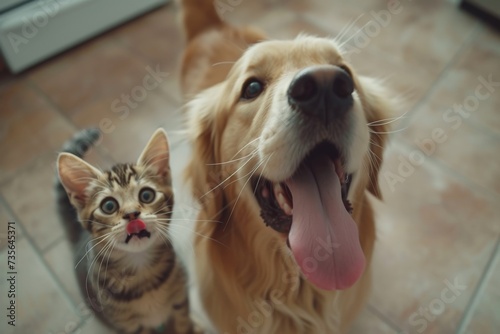 Wallpaper Mural Cat and Dog, Top view of a hungry dog and kitten Torontodigital.ca