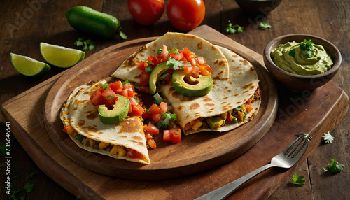Golden brown crust of a vegetable quesadilla perfectly toasted on a wooden board, surrounded by colorful salsa, guacamole, and sour cream dollops, creating an enticing contrast
