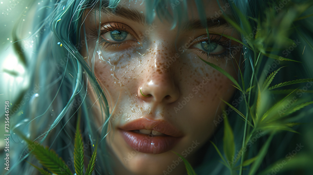 beautiful girl, blue eyes and hair, cannabis plant beautiful girl, blue eyes and hair, cannabis plant