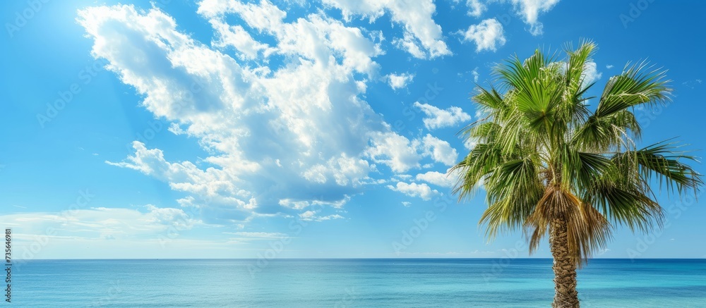 Fototapeta premium Serenity beach landscape with palm tree and clear blue sky, tranquil tropical vacation getaway