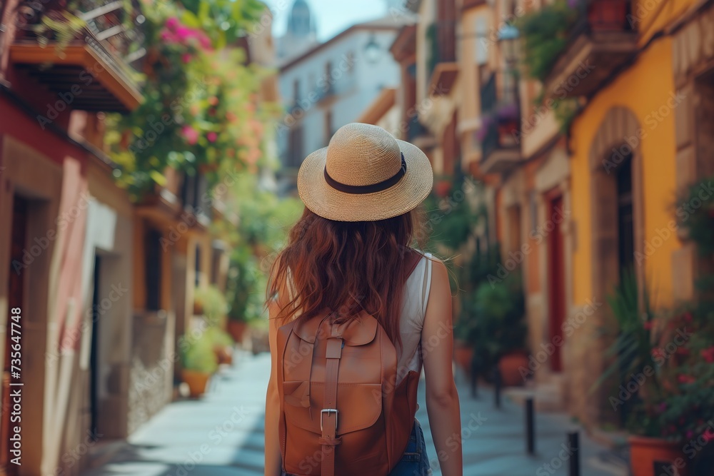 Young traveler girl explores the charming streets of an old town in Spain, embodying the spirit of solo adventure and cultural exploration.