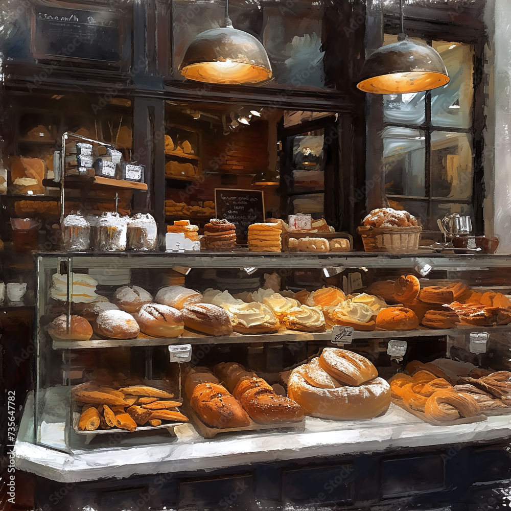 french bakery counter with french baked goods like breads and cakes in ...