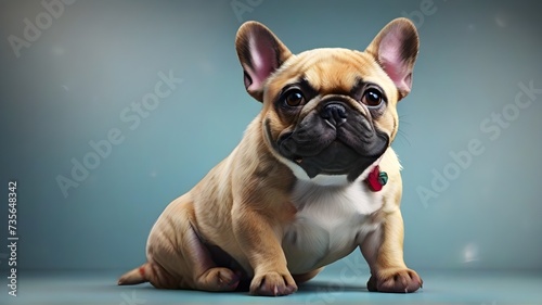 french bulldog puppy sitting on blue background looking at the camera photo