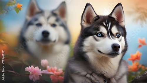 Two siberian husky dogs sitting in the grass and looking at the camera