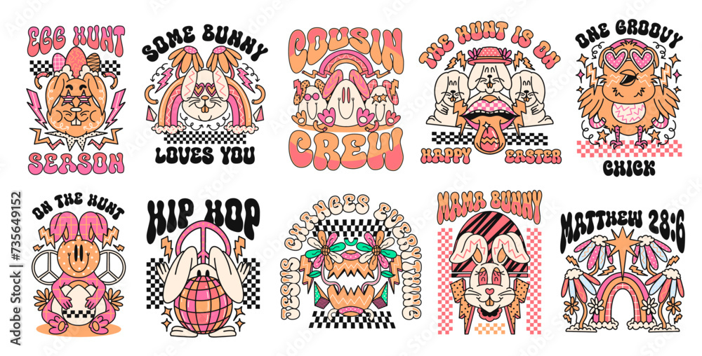 Hippie Easter graphic poster collection. Retro Easter 90s t shirt design set, Easter quotes bundle, 80s Easter groove cartoon character. Easter vector set for print