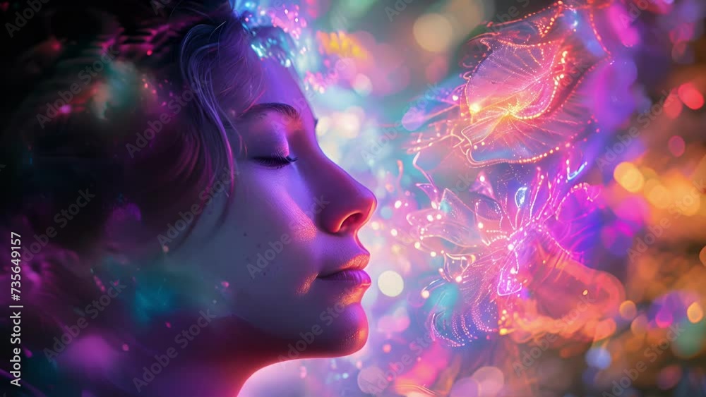 An ethereal holographic selfportrait with the artists features overlapping and melding into a dreamlike and otherworldly being evoking their imagination and creativity. An ethereal holographic selfportrait with the artists features overlapping and melding into a dreamlike and otherworldly being evoking their imagination and creativity.