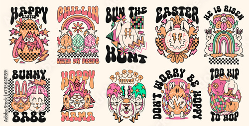 Retro Easter 90s t shirt design set, Hippie Easter graphic poster collection. Easter quotes bundle, 80s Easter groove cartoon character. Easter vector set for print photo
