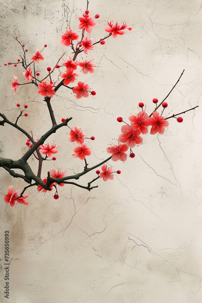 Fototapeta Cherry blossom tree branch card. Vertical postcard with red flowers and empty space. Spring floral background