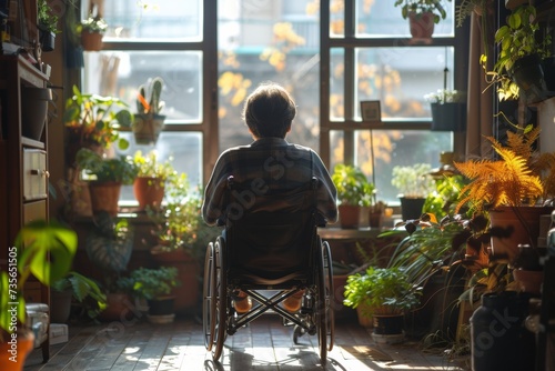Person in a wheelchair enjoying the tranquility of a sunny home garden © Iona