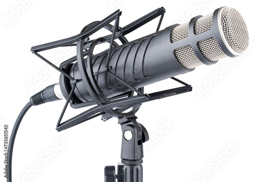 Microphone. Professional dynamic or condenser microphone. Radio broadcasting or podcast microphone with shock or anti vibration mount on stand. Mic without windshield. Recording voice, music or song photo