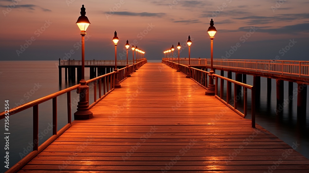 Wooden pier with lanterns at sunset in the evening time.