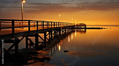 Wooden jetty on the sea at sunset. Long exposure photography.