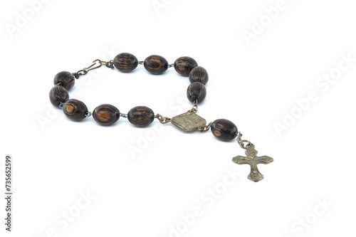 Rosary with wooden beads isolated on white background