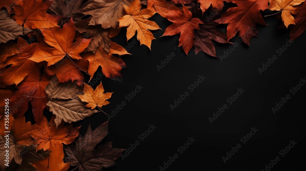 Autumn Leaves with Empty Black Copy Space Background. Generative AI Autumn Leaves with Empty Black Copy Space Background. Generative AI