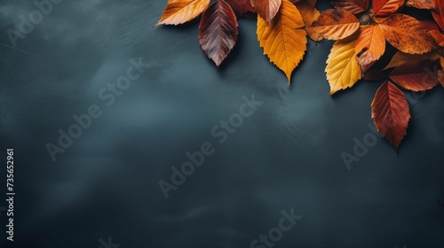 Autumn Leaves with Empty Dark Turquoise Copy Space Background. Generative AI