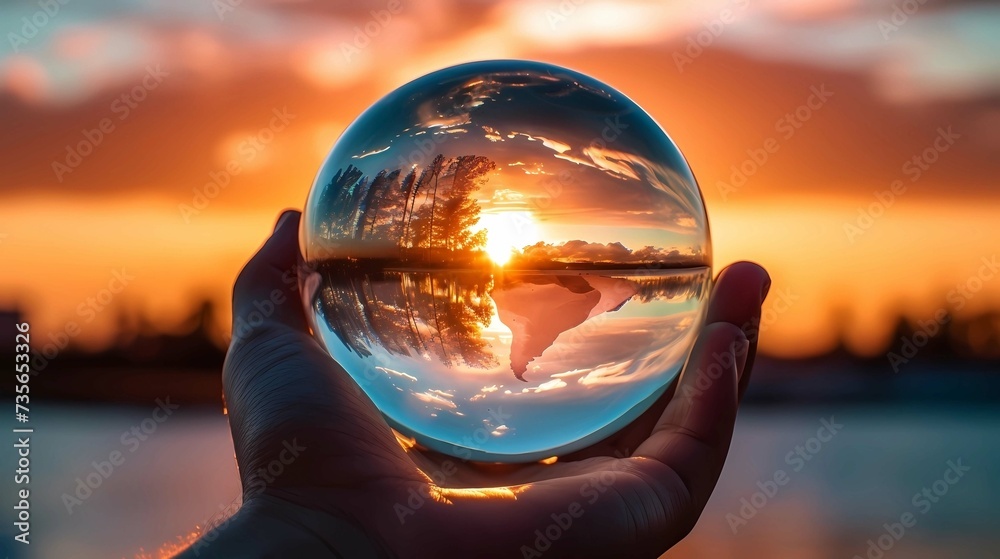 Reflection of the sun in a crystal ball with a lake in the background ...
