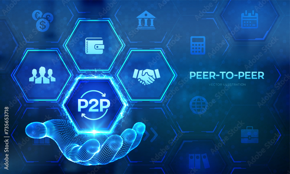Peer to peer logo in wireframe hand. P2P payment and online model for support or transfer money. Peer-To-Peer technology concept on virtual screen. Vector illustration. Peer to peer logo in wireframe hand. P2P payment and online model for support or transfer money. Peer-To-Peer technology concept on virtual screen. Vector illustration.