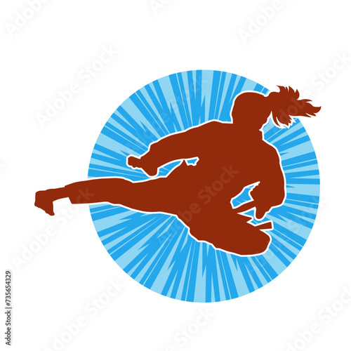 Silhouette of a woman doing a martial art kick. Silhouette of a sporty female doing kicking movement.