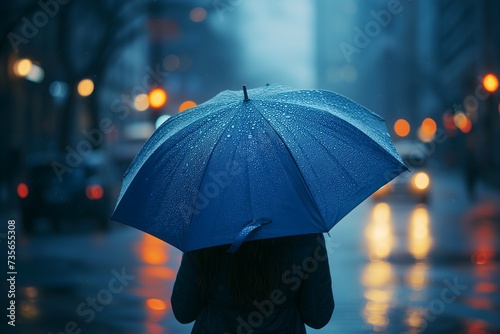 Lonely woman with big blue umbrella in city street, capturing the essence of Blue Monday sadness.