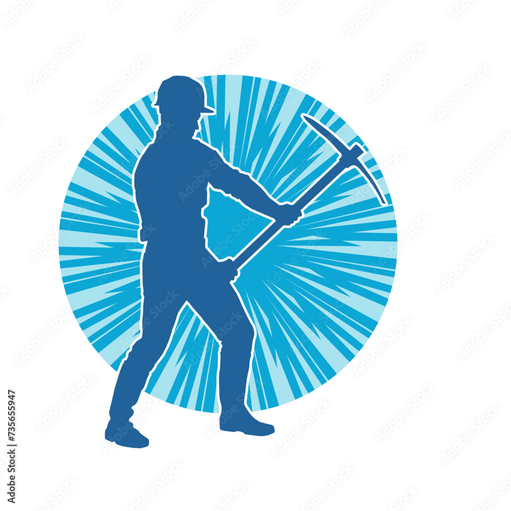 Silhouette of a man in worker costume carrying pick axe tool in action pose. Silhouette of a miner in action pose with pick axe tool. Silhouette of a man in worker costume carrying pick axe tool in action pose. Silhouette of a miner in action pose with pick axe tool.
