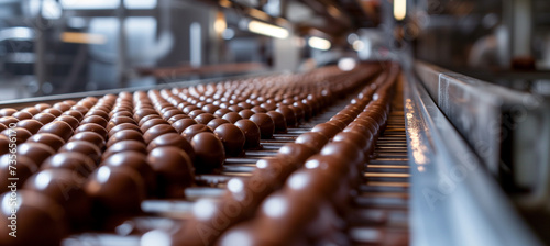 Chocolate candy production line with conveyor belt in confectionery factory photo
