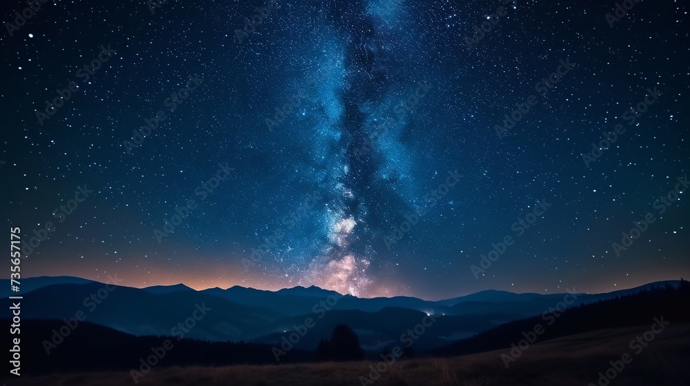 Night starry sky with pink sunset on background of mountain landscape