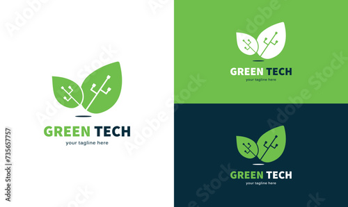 Green tech logo design with green leaf and tech elements,green electronics logo design