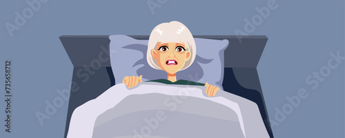 Fearful Insomniac Senior Woman Unable to fall Asleep Vector Character. Scared granny trying to sleep suffering from bad dreams and insomnia 
