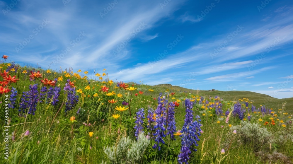 Vibrant Wildflower Meadow with Blue Sky Background AI Generated