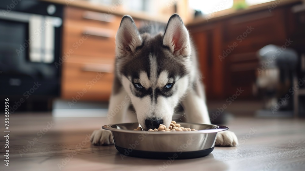 hungry siberian husky puppy eating from bowl at home