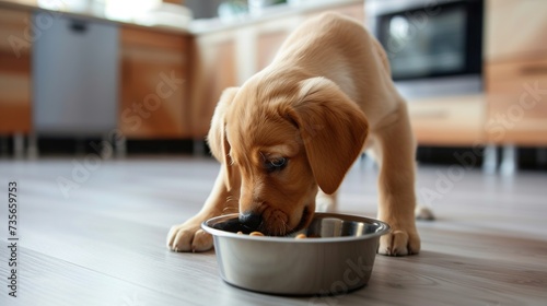 Labrador retriever puppy eating food from a bowl at home.