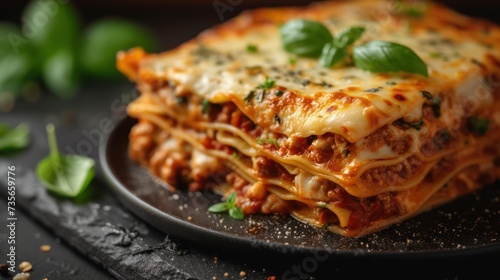 A delicious traditional of lasagna in a studio environment