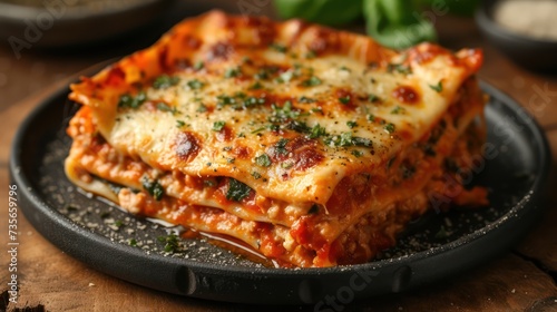 A delicious traditional of lasagna in a studio environment