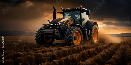 Fertilizer on vegetable green plants agriculture technology farm automation,  Modern tractor working in a field at sunset machinery generative AI  © Hadi