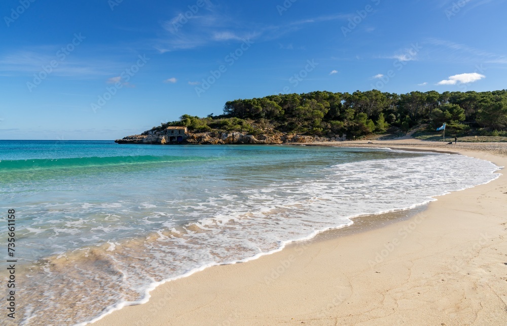 view of the picturesque beach in the Parc Natural de Mondrago in southeastern Mallorca near Santanyi