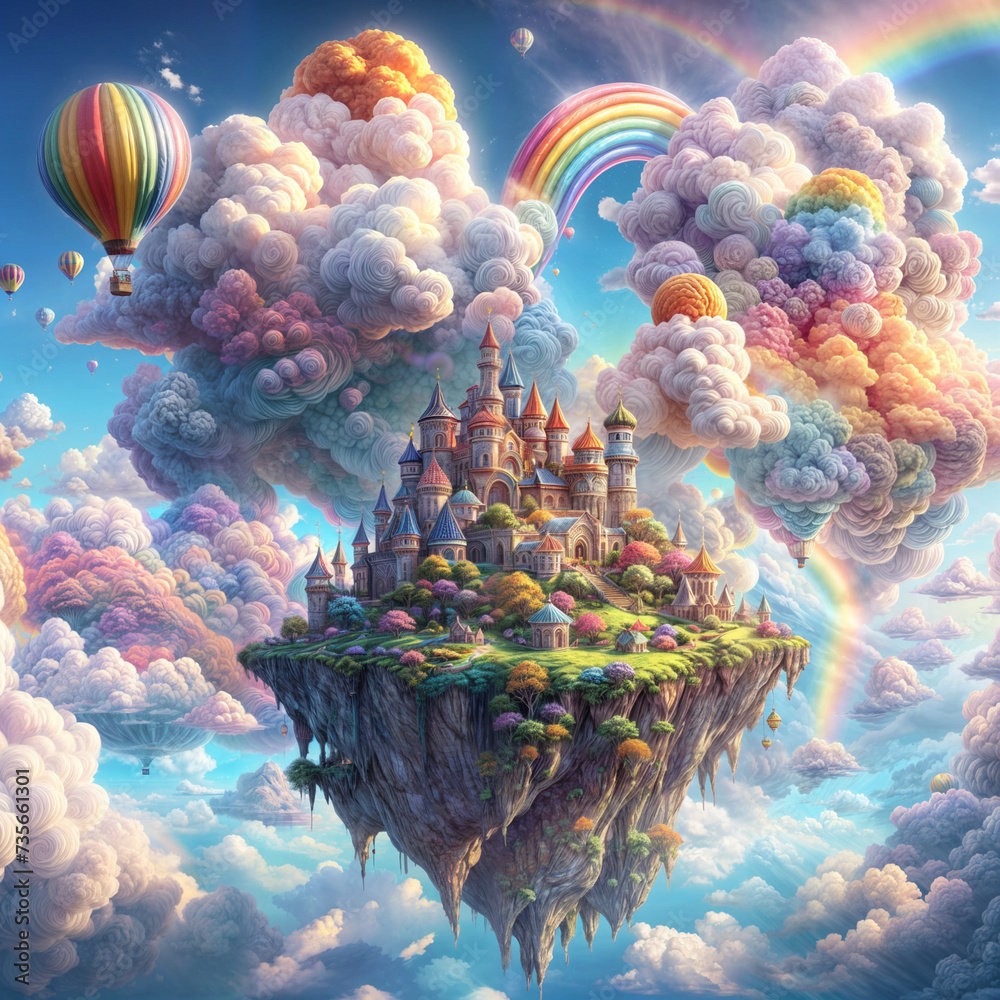 Flying island with beautiful landscape, pink castle, mountains, clouds and rainbow. 3d illustration. Landscape with clouds
