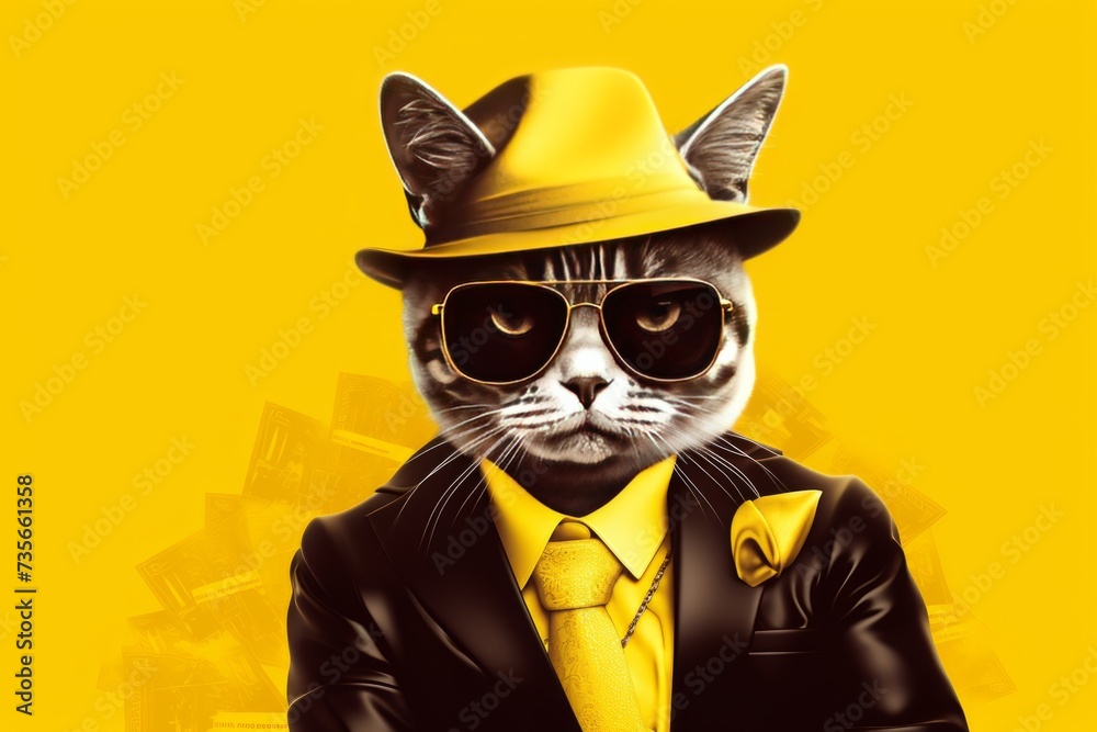 Affluent Feline: A Dapper Cat's Portrait of Wealth and Style Cool rich successful hipster cat with sunglasses and cash money. Yellow background