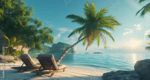 a palm tree and blue water with beach lounge chairs