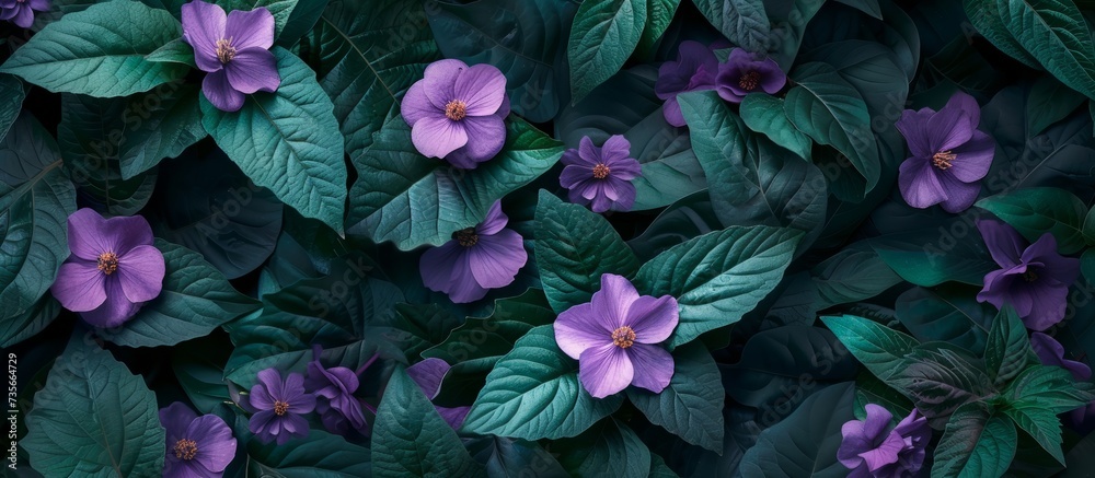 Beautiful purple flowers blooming on a captivating dark background, nature photography