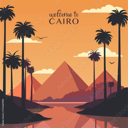 Pyramid complex, Cairo retro city poster with abstract shapes of skyline, buildings. Vintage Egypt landmark travel vector illustration